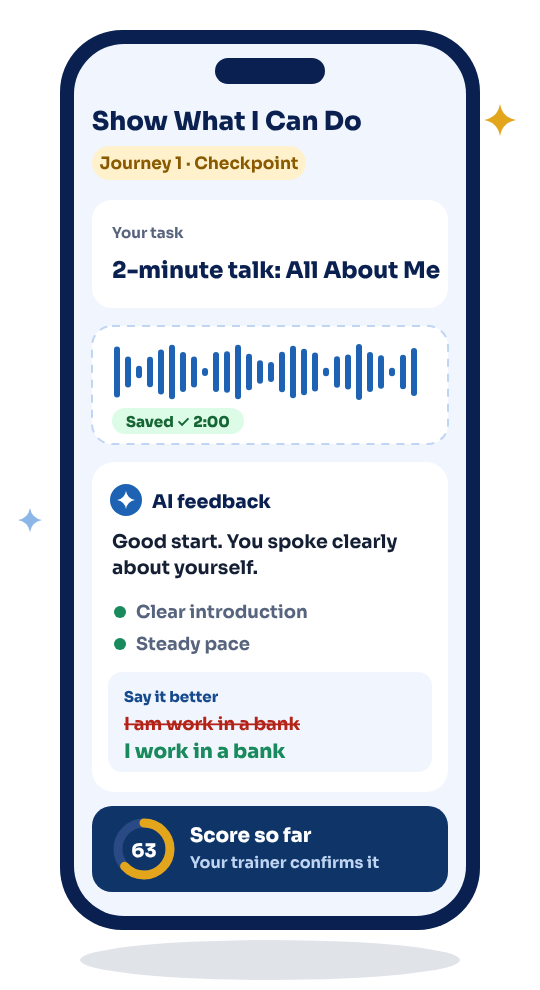 The AI Speak coach on a phone, giving feedback on a spoken answer